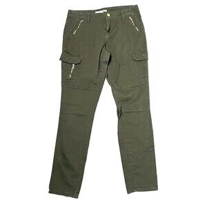 Elite Jeans Mid Rise Cargo Zipper Pockets Stretch Green Denim Size 7‎ Boho Retro